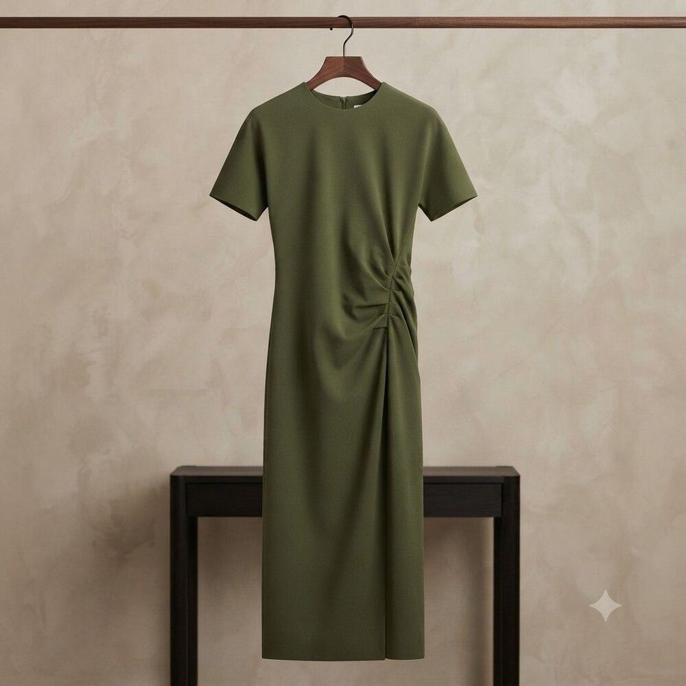 Zara Ruched Midi Dress Womens XS Khaki Green Short Sleeve Side Gathered NWT